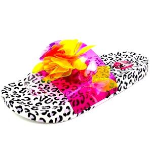 Betsey Johnson,raised 3D pink clear neon floral Dalary Luv Betsey slides sandals